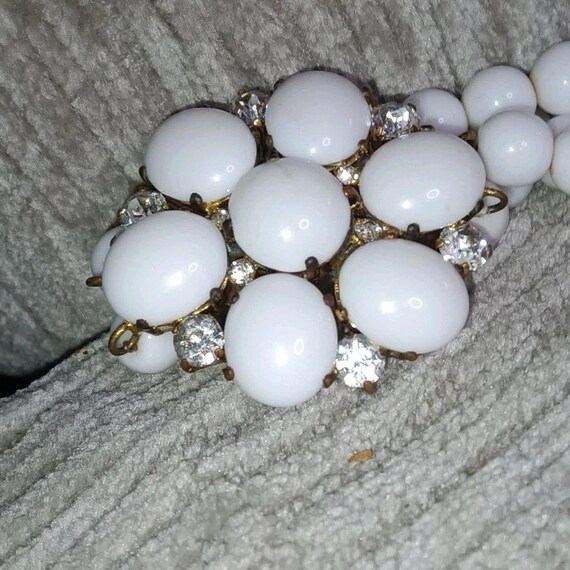 Elegant Double Strand Rhinestone Crystals Milk Glass Choker Necklace Stamped