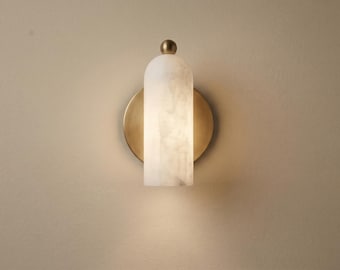 Alabaster Wall Sconce | Modern Brass Wall Light | Mid Century Modern Vanity Lighting | Elegant Cylinder Lamp for Bedroom & Hallway