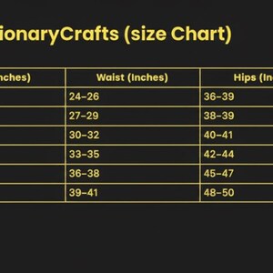 May include: A size chart from LegionaryCrafts, with measurements in inches. The chart includes sizes XS to XXL, listing bust, waist, hips, and height ranges. The text is in a gold color on a dark background.