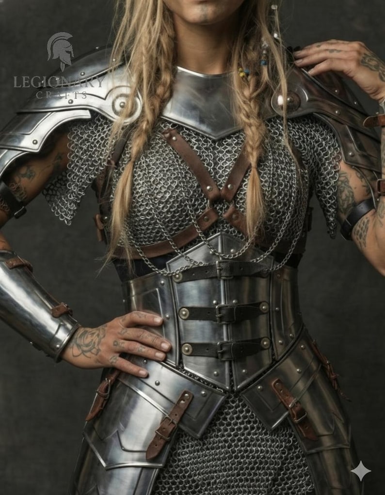 May include: A silver metal armor set with chainmail and leather straps. The armor includes shoulder plates, a chest piece, and arm guards. The text "LEGION SKY CRAFTS" is visible on the shoulder plate.