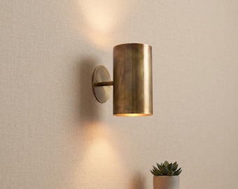 Mid Century Modern Brass Sconce | Cylinder Up Down Wall Light | Minimalist Brass Tube Lamp | Aged Brass Industrial Wall Lighting