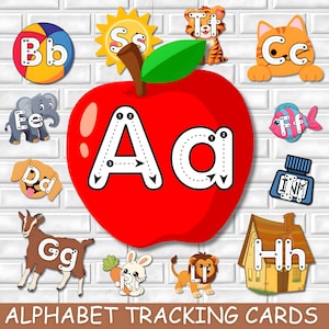 May include: Alphabet tracking cards with colourful illustrations of letters and associated objects. Includes a large red apple with the letter "A", a sun with "S", a tiger with "T", a cat with "C", and more. The text "ALPHABET TRACKING CARDS" is at the bottom.