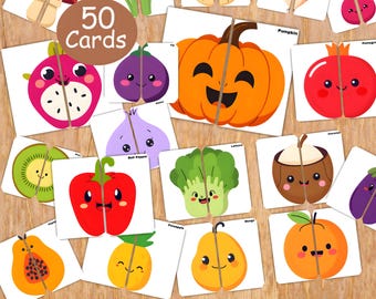 Fruits and Vegetables Matching Game, 50 Cards, Toddler Puzzle (Digital Download)