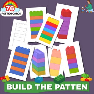 May include: A collection of pattern cards featuring colorful building blocks. The cards display various block arrangements in red, orange, yellow, green, blue, and purple. The text "76 PATTERN CARDS" and "BUILD THE PATTEN" are visible.