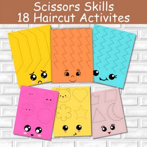 May include: Colorful activity sheets for scissor skills practice. Each sheet features a different design, including zigzags, shapes, and faces. The text at the top reads "Scissors Skills 18 Haircut Activities."