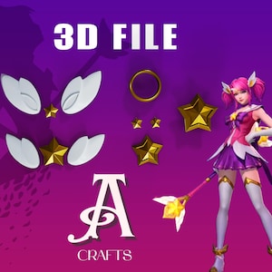 May include: A digital 3D file design featuring a character with pink hair, a purple and pink dress, and a staff. The image includes gold stars, a gold ring, and white wing-shaped elements. The text "3D FILE" and "A CRAFTS" are also visible.