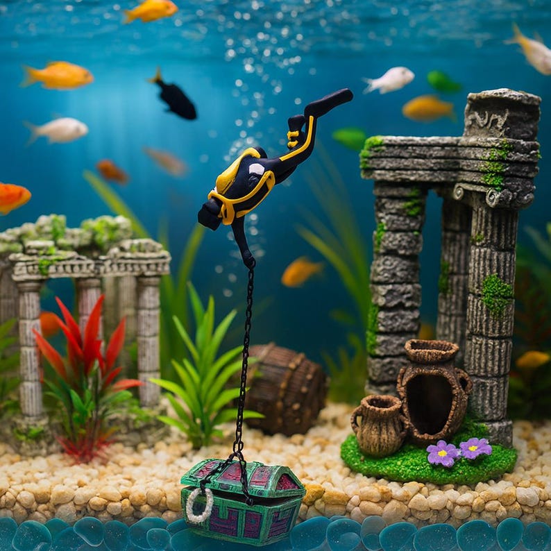 Treaser Fish Fish Tank Decor Treasure Chest With Bubble Action, Aquarium Diver ...