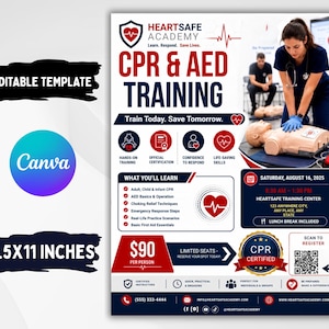 Puede incluir: Una plantilla de folleto para formación en RCP y DEA de Heartsafe Academy. El diseño presenta texto en rojo, blanco y azul, una foto de una persona practicando RCP en un maniquí, un código QR y detalles para un documento editable de 21,6x27,9 cm.