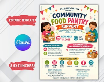 Puede incluir: Un folleto para un evento de apoyo a la despensa de alimentos comunitaria de XYZ Elementary PTA el 15 de noviembre de 2026, de 8 a.m. a 12 a.m. Incluye ilustraciones de dos niños con cajas de comida, lista de donaciones e información de contacto.