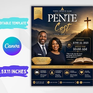 Peut inclure: Flyer bleu marine avec des accents dorés annonçant un événement religieux. Le flyer comprend le texte "Pente Cost" et présente des images d'une croix, d'un couple et d'un livre ouvert. Le flyer mesure 21,59 cm x 27,94 cm et est un modèle modifiable.