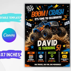Pode incluir: Um modelo de convite de aniversário editável de 12,7 x 17,8 cm com um monster truck azul com chamas laranja em um fundo preto. O texto diz BOOM! CRASH, IT'S TIME TO CELEBRATE!, DAVID IS TURNING 5!, incluindo campos para data, hora, local e RSVP.