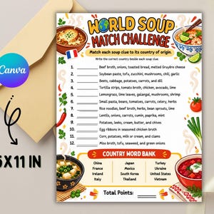 May include: A World Soup Match Challenge game sheet measuring 8.5 by 11 inches. The page features a list of twelve soup ingredient clues, a country word bank, and illustrations of various soups, including French onion and miso soup.