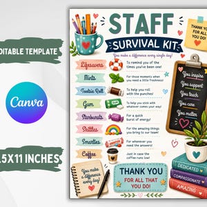 May include: An 8.5x11 inch editable staff survival kit template featuring a list of items with corresponding descriptions, including a mug with pencils, a clipboard with text, a potted plant, and a stack of books labelled dedicated, compassionate, and amazing.