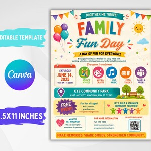Puede incluir: Una plantilla de folleto editable de 8.5x11 pulgadas para un evento de Family Fun Day. El diseño presenta globos coloridos, un sol e iconos para actividades como castillos hinchables, manualidades, música en vivo, comida y juegos. Incluye QR.