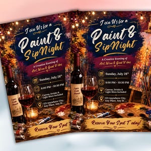 Puede incluir: Un folleto promocional para un evento Paint & Sip con una botella de vino, una copa de vino tinto, pinceles y una paleta. El texto dice Join Us for a Paint & Sip Night, A Creative Evening of Art, Wine & Good Vibes, Sunday, July 28th, 8:00 PM - 10:30 PM, Canvas, Drinks & Light Bites Included, 123 Anywhere City, Any Place, Any St, y Reserve Your Spot Today.