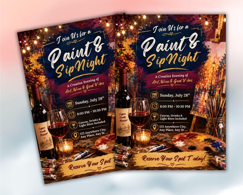 Puede incluir: Un folleto promocional para un evento Paint & Sip con una botella de vino, una copa de vino tinto, pinceles y una paleta. El texto dice Join Us for a Paint & Sip Night, A Creative Evening of Art, Wine & Good Vibes, Sunday, July 28th, 8:00 PM - 10:30 PM, Canvas, Drinks & Light Bites Included, 123 Anywhere City, Any Place, Any St, y Reserve Your Spot Today.
