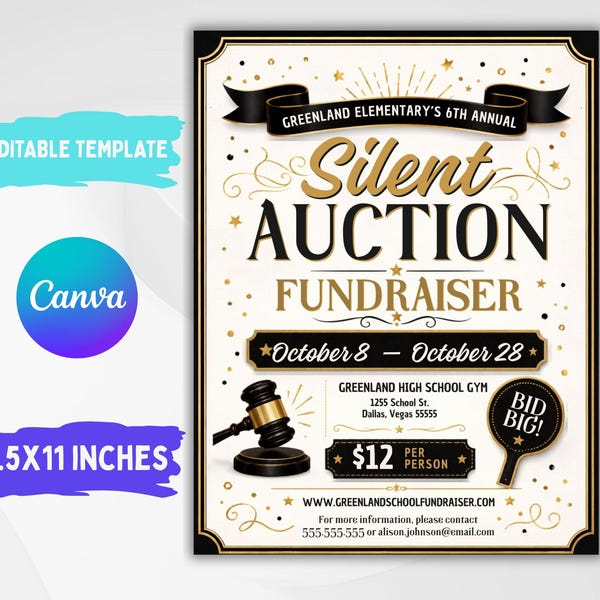 Editable Silent Auction Flyer Template: School Fundraiser (CANVA) Black Tie Gala