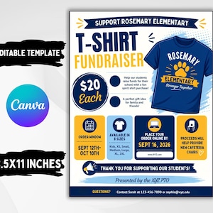 Puede incluir: Una plantilla de folleto para una recaudación de fondos de camisetas para Rosemary Elementary, con una camiseta azul con un gráfico de huella, detalles de texto sobre fechas, tallas e instrucciones de pedido, midiendo 21,59 por 27,94 cm.