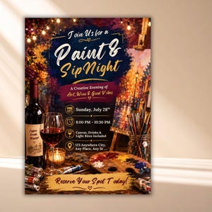 Plantilla de invitación para fiesta de pintura y vino, invitación editable para noche de vino en Canva (descarga digital) imagen 4