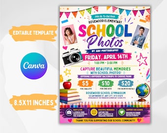 Puede incluir: Una plantilla de folleto colorida para las fotos escolares de la escuela primaria Rosewood por ABC Photography el viernes 14 de abril. El diseño presenta una cámara, una pila de libros con una manzana, un globo terráqueo y lápices, de 21,59x27,94 cm.