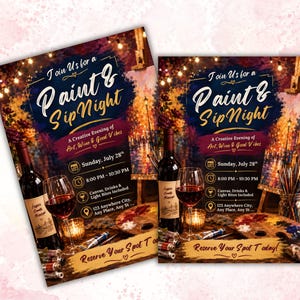 Puede incluir: Dos folletos id&eacute;nticos para una noche de Paint & Sip con una botella de vino, una copa de vino tinto, una paleta de pintura de madera y pinceles. El texto dice Join Us for a Paint & Sip Night, A Creative Evening of Art, Wine & Good Vibes, Sunday, July 28th, 8:00 PM - 10:30 PM, y Reserve Your Spot Today.
