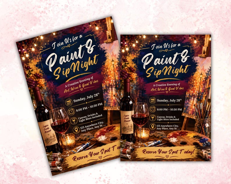 Puede incluir: Dos folletos id&eacute;nticos para una noche de Paint & Sip con una botella de vino, una copa de vino tinto, una paleta de pintura de madera y pinceles. El texto dice Join Us for a Paint & Sip Night, A Creative Evening of Art, Wine & Good Vibes, Sunday, July 28th, 8:00 PM - 10:30 PM, y Reserve Your Spot Today.