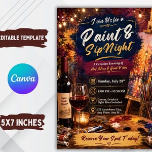 Puede incluir: Una plantilla de folleto de evento Paint & Sip Night editable de 13x18 cm con una botella de vino, una copa de vino tinto, una paleta de pintura de madera y pinceles. El texto dice Join Us for a Paint & Sip Night, A Creative Evening of Art.