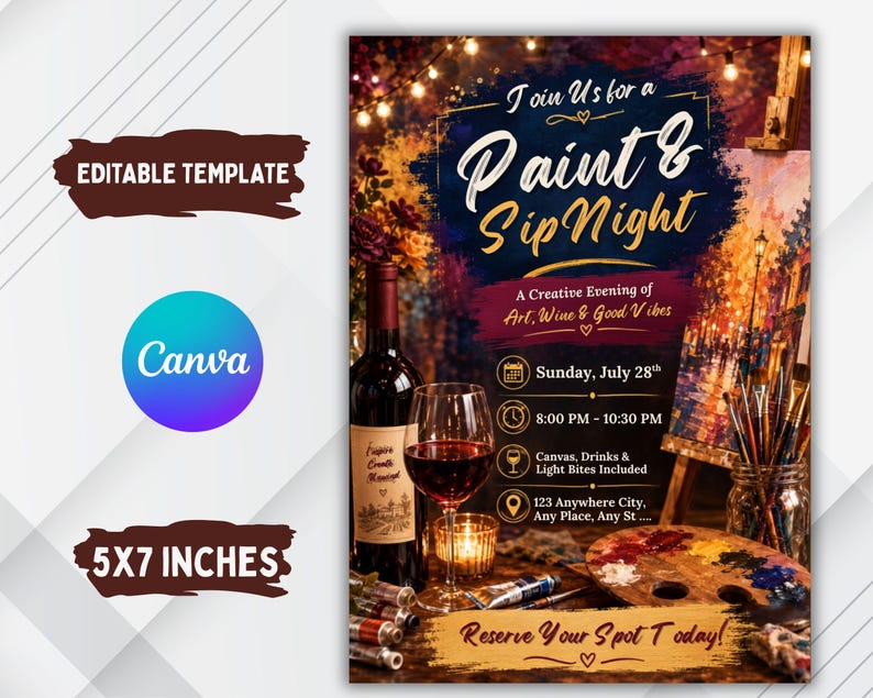 Puede incluir: Una plantilla de folleto de evento Paint & Sip Night editable de 13x18 cm con una botella de vino, una copa de vino tinto, una paleta de pintura de madera y pinceles. El texto dice Join Us for a Paint & Sip Night, A Creative Evening of Art.