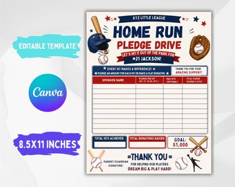 Puede incluir: Una hoja de recaudación de fondos para un Home Run Pledge Drive con temática de béisbol y un esquema de colores azul y rojo. El documento incluye secciones para nombres de patrocinadores, montos de promesas y donaciones totales.