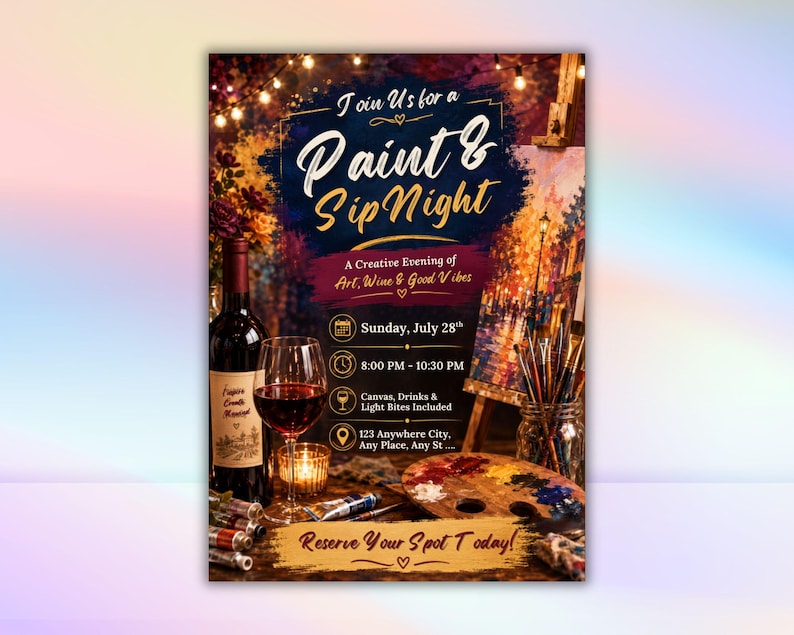Puede incluir: Un folleto promocional para una noche de Paint & Sip con una botella de vino, una copa de vino tinto, una paleta de pintura de madera y pinceles. El texto dice: Join Us for a Paint & Sip Night, A Creative Evening of Art, Wine & Good Vibes, Sunday, July 28th, 8:00 PM - 10:30 PM, Canvas, Drinks & Light Bites Included, 123 Anywhere City, Any Place, Any St, Reserve Your Spot Today.