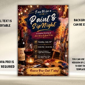 Puede incluir: Una plantilla de folleto digital para una noche de Paint & Sip con una botella de vino, una copa de vino tinto, una paleta de madera con pinturas al &oacute;leo coloridas y pinceles. El texto dice Join Us for a Paint & Sip Night, A Creative Evening of Art, Wine & Good Vibes, Sunday, July 28th, 8:00 PM - 10:30 PM, Canvas, Drinks & Light Bites Included, 123 Anywhere City, Any Place, Any St, y Reserve Your Spot Today.