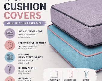 May include: Two rectangular cushion covers with textured fabric, one lavender with dark gray piping and one light blue with pink piping. Text includes Custom Cushion Covers, 100% Custom Made, Perfect Fit Guarantee, Premium Upholstery Fabrics, Hidden Zipper, and Handmade With Care.