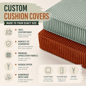 The image is an advertisement for custom cushion covers, highlighting their customizable features and quality materials.