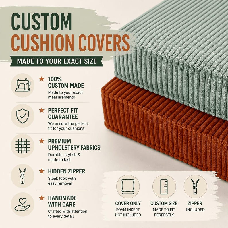 The image is an advertisement for custom cushion covers, highlighting their customizable features and quality materials.