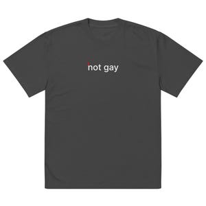 Puede incluir: Camiseta gris oscuro con el texto blanco "not gay", con una pequeña marca roja encima de la letra "t". La camiseta tiene mangas cortas y cuello redondo.
