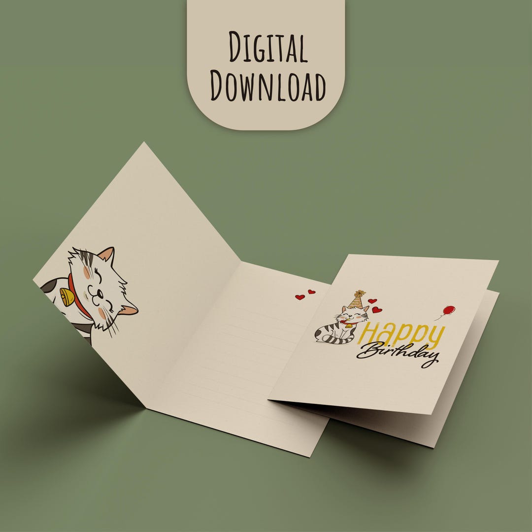 Cute Cat Birthday Card Printable, Foldable Greeting Card With Inside ...