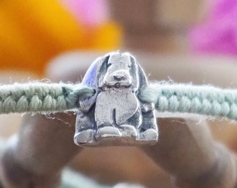 A unique tiny sweet bunny rabbit on a beautiful soft pastel green cotton cord, floss and sterling silver friendship bracelet...