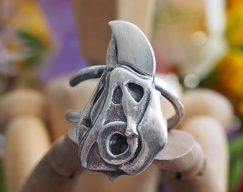 A handmade unique gothic fine silver parrot bird skull adjustable sterling silver ring...