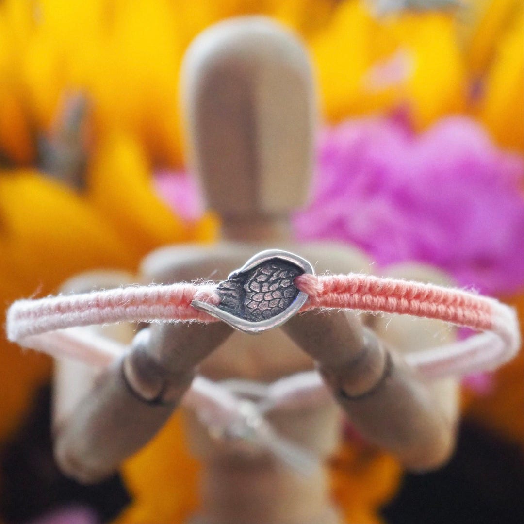 A Gorgeous Peachy Leather, Cotton and Sterling Silver Friendship Bracelet  With a Little Handmade Fine Silver Angel Australia