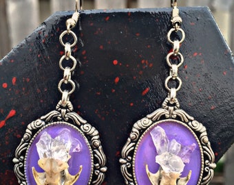Real Mouse Skull and Amethyst Crystal Earrings