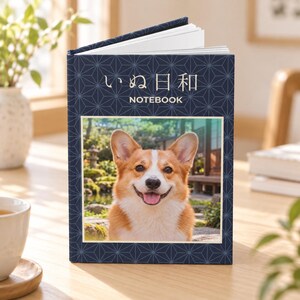 Corgi Notebook, Navy Japanese Pattern Hardcover Journal with Dog Portrait