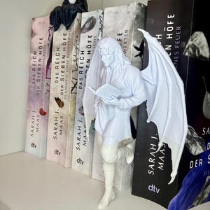 Könnte beinhalten: Eine weiße Figur einer geflügelten Gestalt, die ein Buch liest, lehnt an einer Reihe von Büchern. Eine kleine schwarze Figur sitzt auf den Büchern. Die Bücher tragen deutsche Titel und den Namen der Autorin Sarah J. Maas.