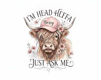 Bossy Highland Cow PNG, Floral Baseball Cap, Western Shirt Design (Digital Download)
