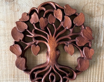 Ornate Tree of Life Wall Plaque – Hand Carved Suar Wood Spiritual Wall Art (20cm)