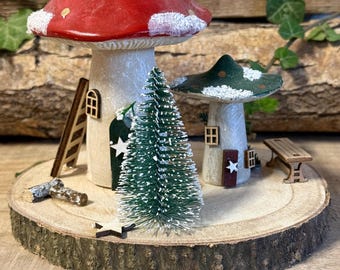 Fairy Art Mushroom Two Cottages – Tall Hand Painted Fairy Houses Winter scene