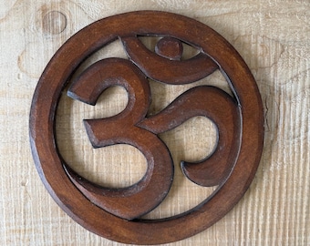 Hand Carved Wooden Om Wall Hanging – Suar Wood Spiritual Symbol Plaque 23.5cm