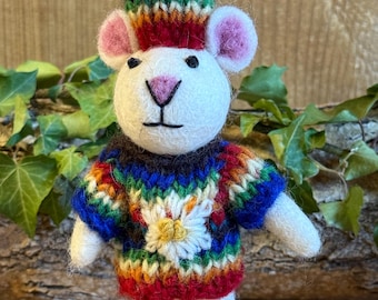 Felt Mouse in Rainbow Jumper Decoration 14cm