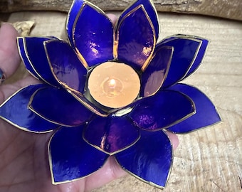 Indigo Lotus Candle Holder – Third Eye Chakra Capiz Shell Tealight – Handmade Spiritual Decor