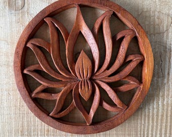 Lotus Flower Wall Plaque – Hand Carved Suar Wood Hanging – Spiritual Meditation Decor (20cm)