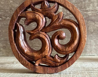 Hand Carved Wooden Om Wall Hanging – Suar Wood Spiritual Symbol Plaque (10cm)
